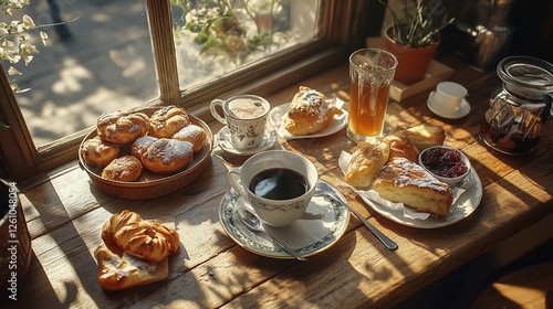 Sunny cafe window pastries coffee breakfast