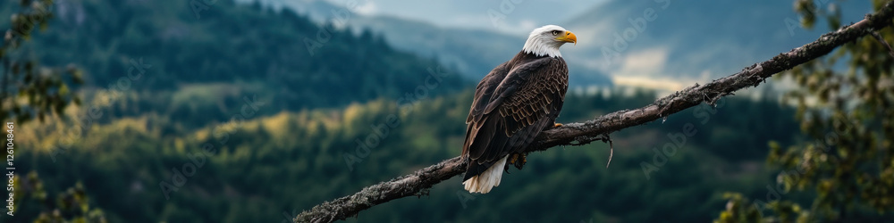 Bald Eagle on Branch, Mountainous Forest Background Bald Eagle on Branch, Mountainous Forest Background