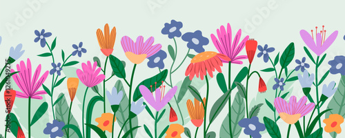 Horizontal banner or background with beautiful colorful flowers and leaves. Spring botanical flat vector illustration for wallpapers, banners, flyers, invitations, posters
