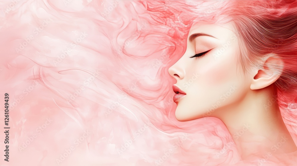 Dreamy profile of a woman in rose hues with ethereal flow background Dreamy profile of a woman in rose hues with ethereal flow background