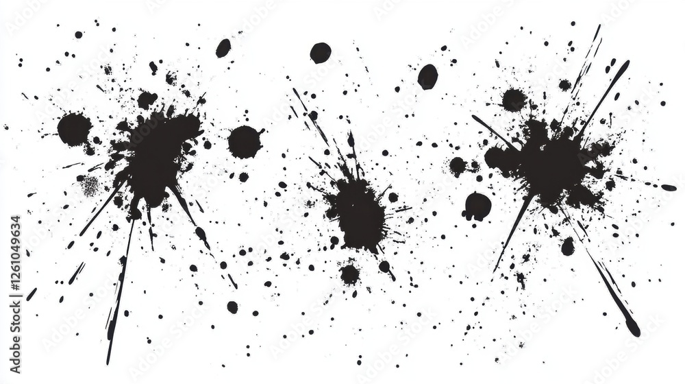 Abstract Black Ink Splashes and Spatters on White Background Creating Dynamic Visual Texture Abstract Black Ink Splashes and Spatters on White Background Creating Dynamic Visual Texture