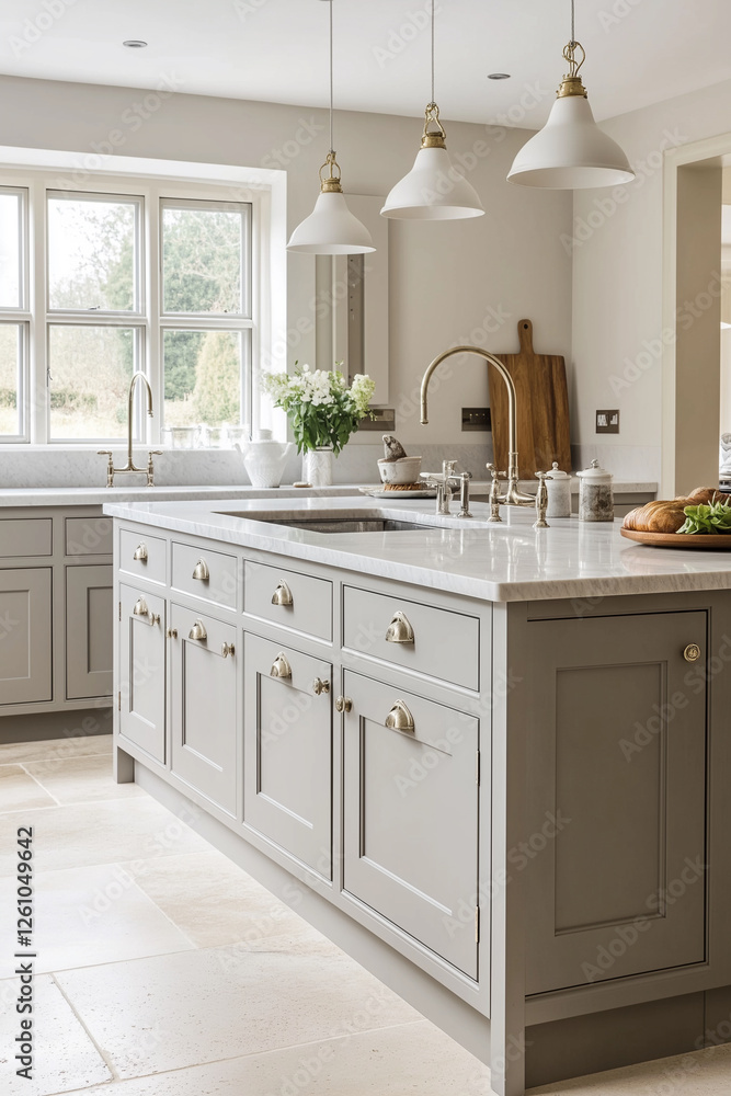 Kitchen with a white island and a sink Kitchen with a white island and a sink
