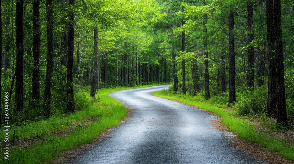 Fototapeta premium Winding Road Through Lush Green Forest Canopy