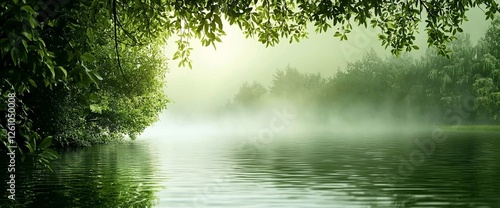 Misty Forest River Scene, Calm, Peaceful