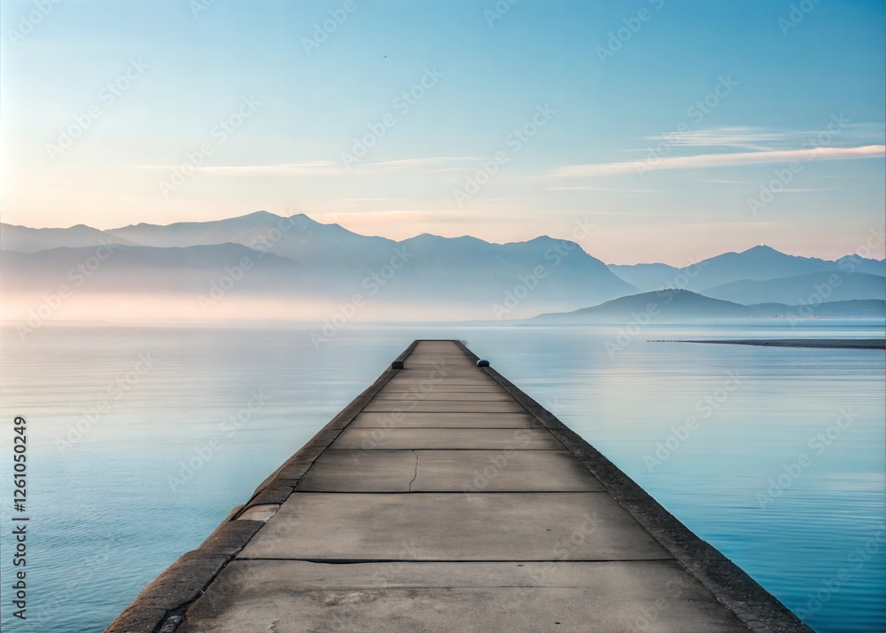 Fototapeta premium Serene Lakeside Pier Extends to Misty Mountains