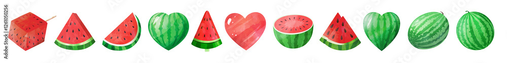 Vibrant Watermelon Collection Featuring Various Shapes and Designs: Slices, Hearts, and Whole Fruits in a Range of Green and Red Colors. Hand-drawn Digital Illustration on a Transparent Background Vibrant Watermelon Collection Featuring Various Shapes and Designs: Slices, Hearts, and Whole Fruits in a Range of Green and Red Colors. Hand-drawn Digital Illustration on a Transparent Background
