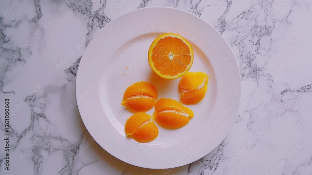 A White Plate Holds Orange Segments And A Half Orange A White Plate Holds Orange Segments And A Half Orange