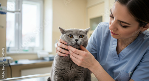 Veterinary Cat Examination - A veterinarian gently examines a grey cat during a checkup, ensuring its health and well-being photo