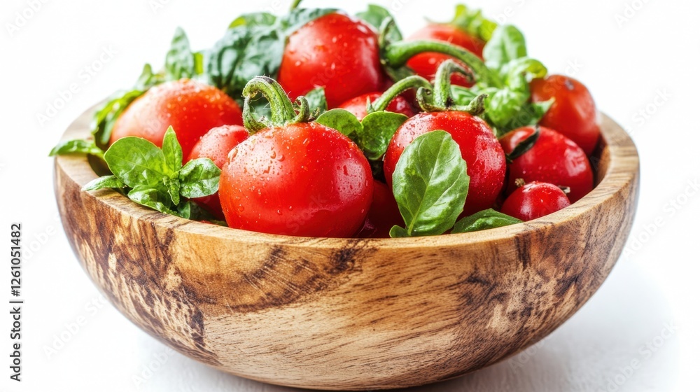 Fresh Red Tomatoes and Green Basil Leaves in a Wooden Bowl on White Background Fresh Red Tomatoes and Green Basil Leaves in a Wooden Bowl on White Background
