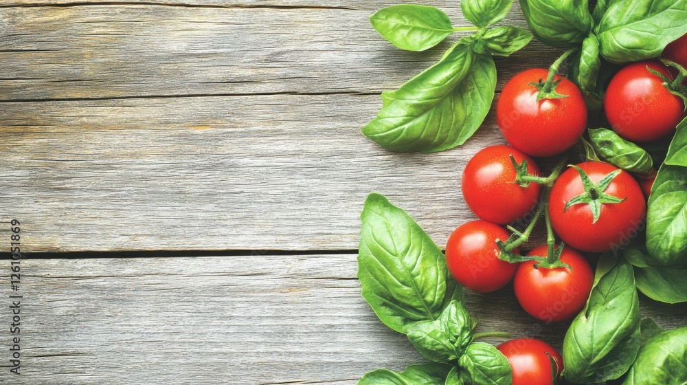 Fresh Red Tomatoes and Green Basil Leaves on Weathered Wooden Table Surface Fresh Red Tomatoes and Green Basil Leaves on Weathered Wooden Table Surface