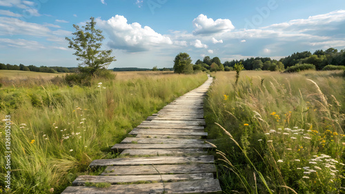 wooden pathway through lush grasslands under a bright blue sky