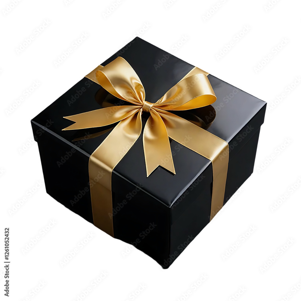Fototapeta premium for A black gift box with a golden ribbon and bow isolated on transparent background