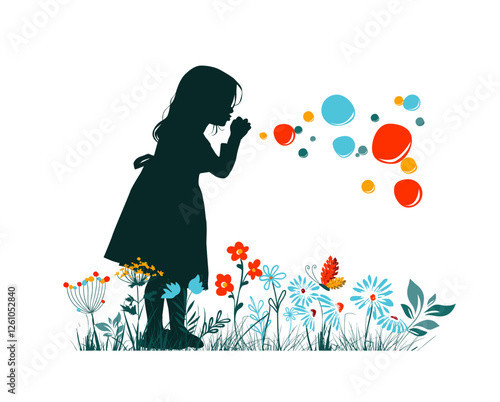 Silhouette of a child, a girl with soap bubbles. hand drawn. Not AI, Vector illustration.