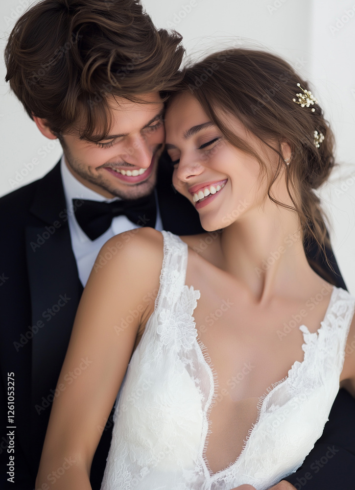 Happy couple smiling together in elegant wedding attire Happy couple smiling together in elegant wedding attire