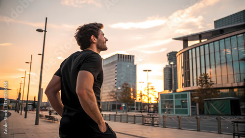 Contemplative man in a black t-shirt gazing at a stunning sunset in an urban environment