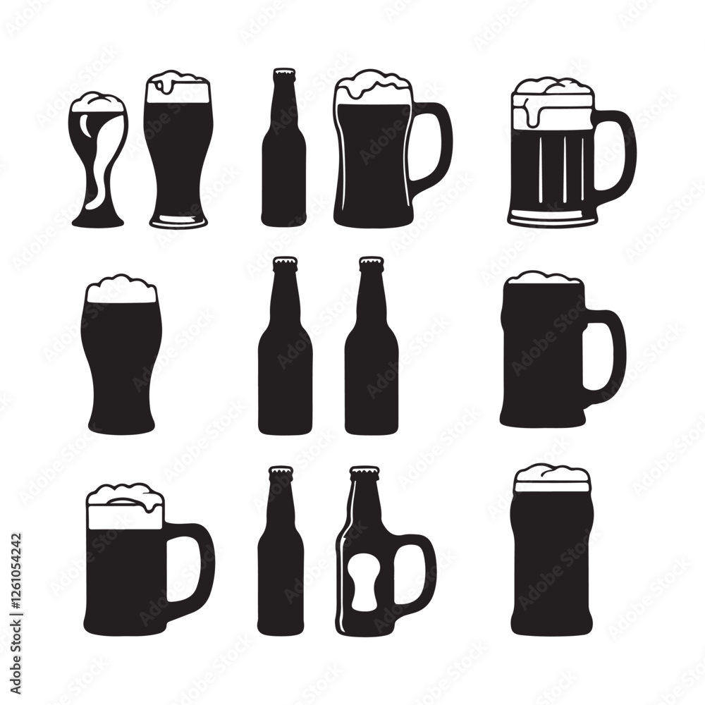 Fototapeta premium Beer glasses, wine glasses, beer mugs, beer bottles, silhouettes, black and white 