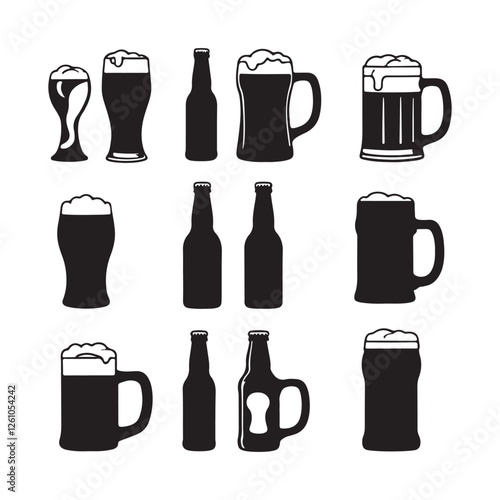 Beer glasses, wine glasses, beer mugs, beer bottles, silhouettes, black and white 