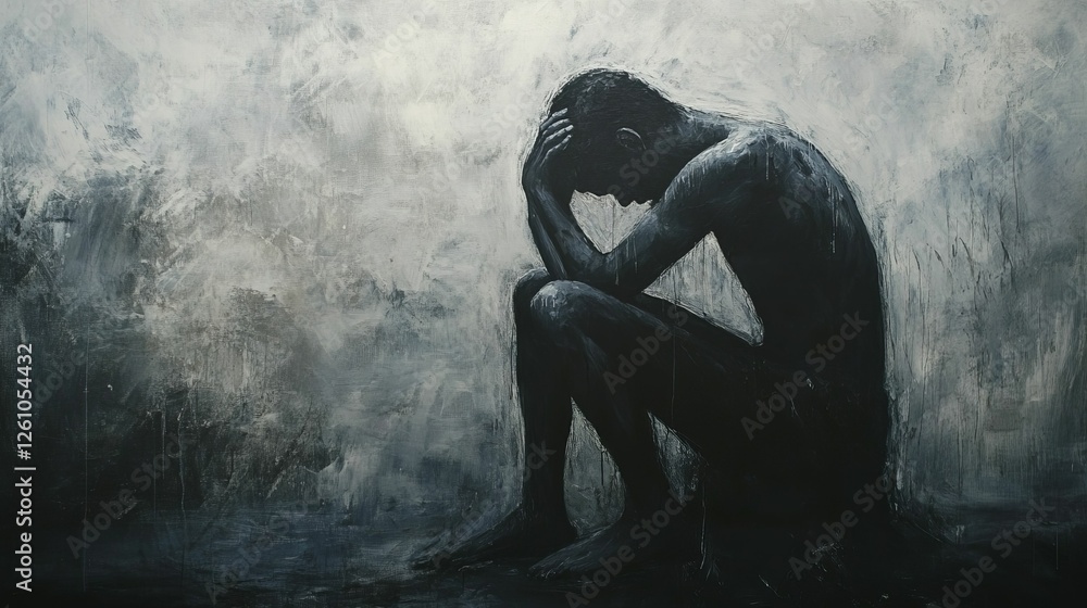 Obraz premium Solitary figure, grief-stricken, dark canvas.