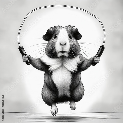 Cute guinea pig playing with jump rope on a light background during a fun indoor activity. Generative AI