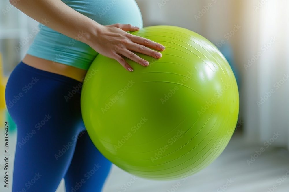 Pregnant woman wearing sportswear holding a green fitness ball, performing exercises to maintain physical health and well-being during pregnancy Pregnant woman wearing sportswear holding a green fitness ball, performing exercises to maintain physical health and well-being during pregnancy