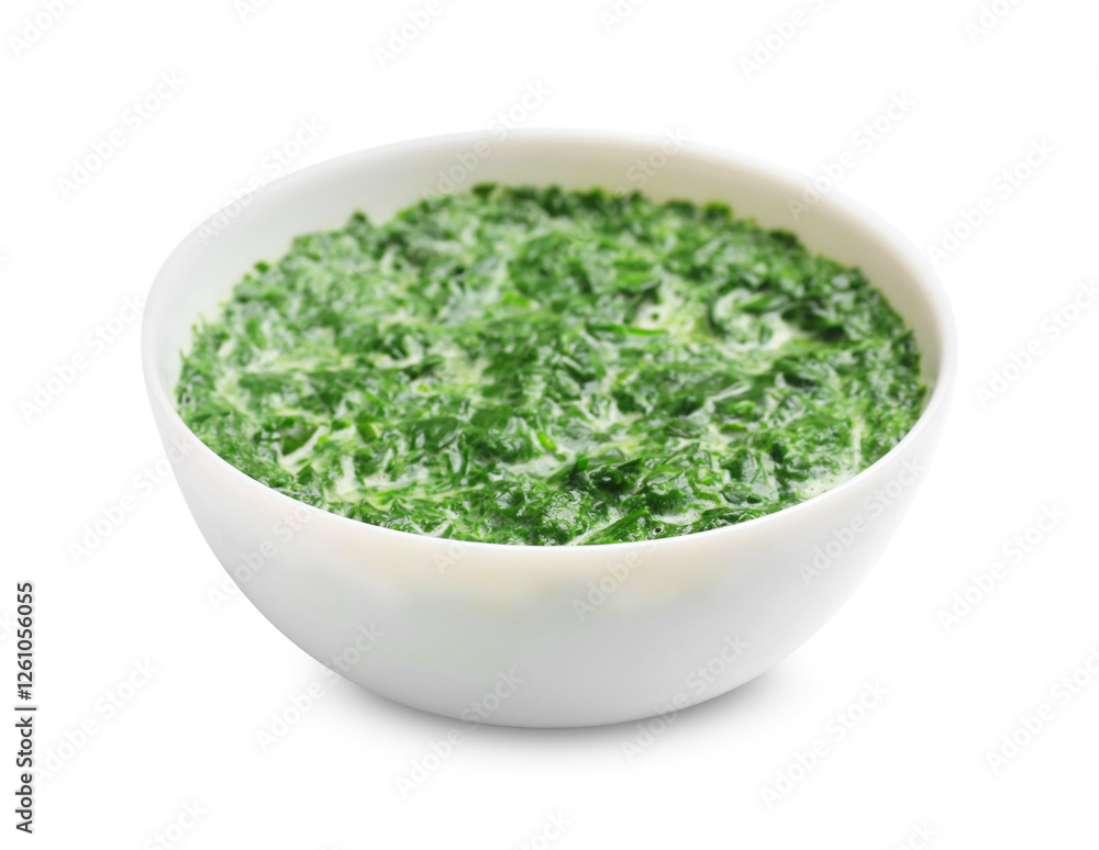 Delicious spinach sauce in bowl isolated on white Delicious spinach sauce in bowl isolated on white
