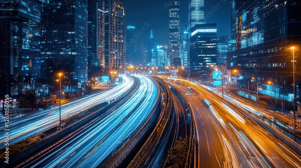 Night Cityscape Showing Traffic Light Trails and Skyscrapers Night Cityscape Showing Traffic Light Trails and Skyscrapers