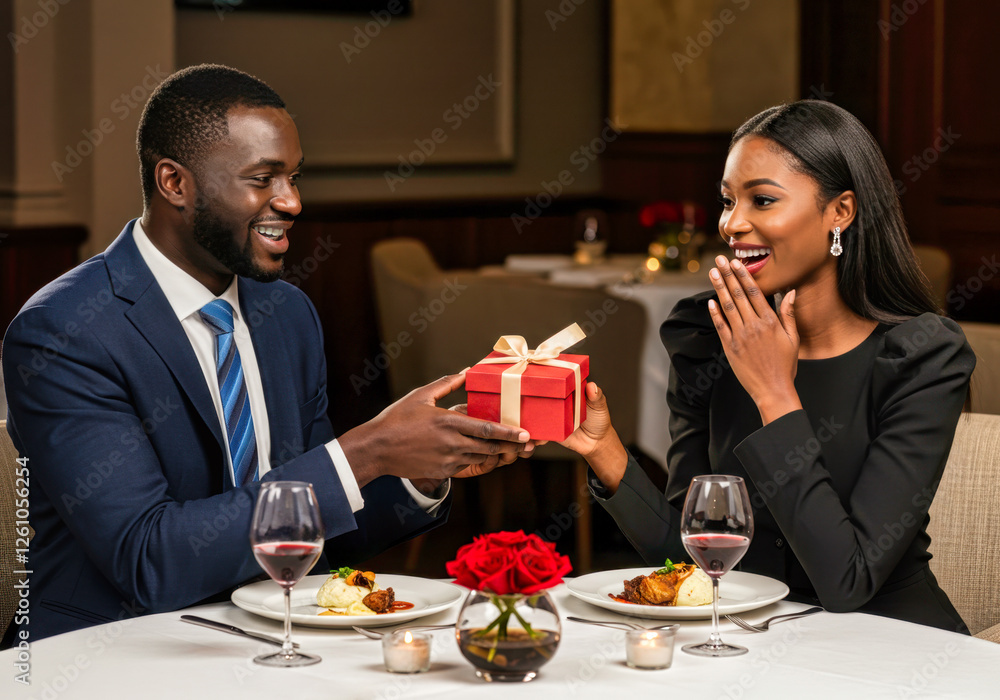 valentines ,loving african man handing a gift red box with a ribbon to his girlfriend or wife, traditional restaurant setting, formal dressed valentines ,loving african man handing a gift red box with a ribbon to his girlfriend or wife, traditional restaurant setting, formal dressed