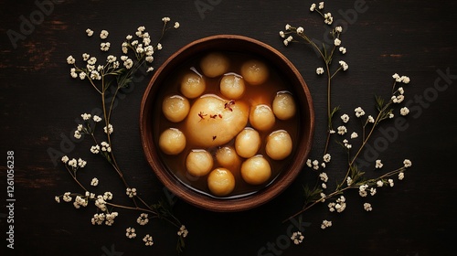 Sweet rice balls dessert, dark wood background, floral garnish, overhead shot, food blog