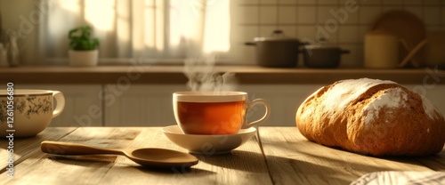 Wallpaper Mural A warm kitchen invites comfort with a cup of steaming tea beside a loaf of homemade bread. A wooden spoon rests nearby, enhancing the inviting atmosphere of a sunny morning Torontodigital.ca
