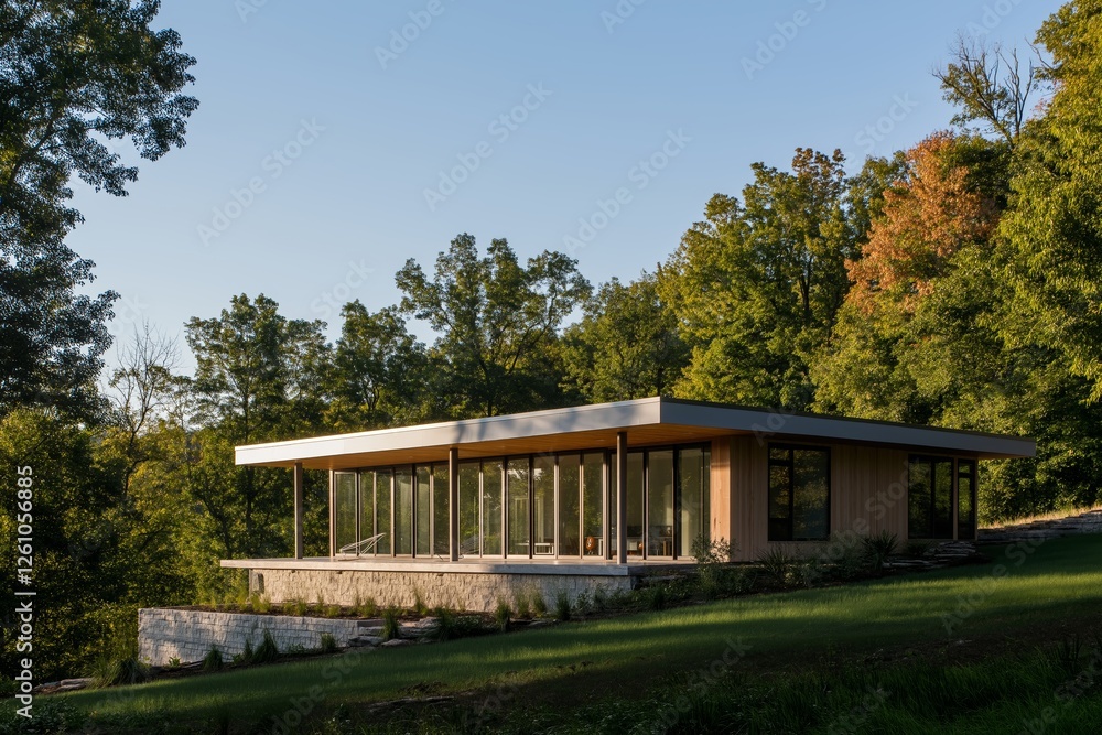 Modern prefabricated house design concepts featured in lush green surroundings, ideal for home planning. Concept focuses on innovative prefabricated house design concepts for sustainable living Modern prefabricated house design concepts featured in lush green surroundings, ideal for home planning. Concept focuses on innovative prefabricated house design concepts for sustainable living