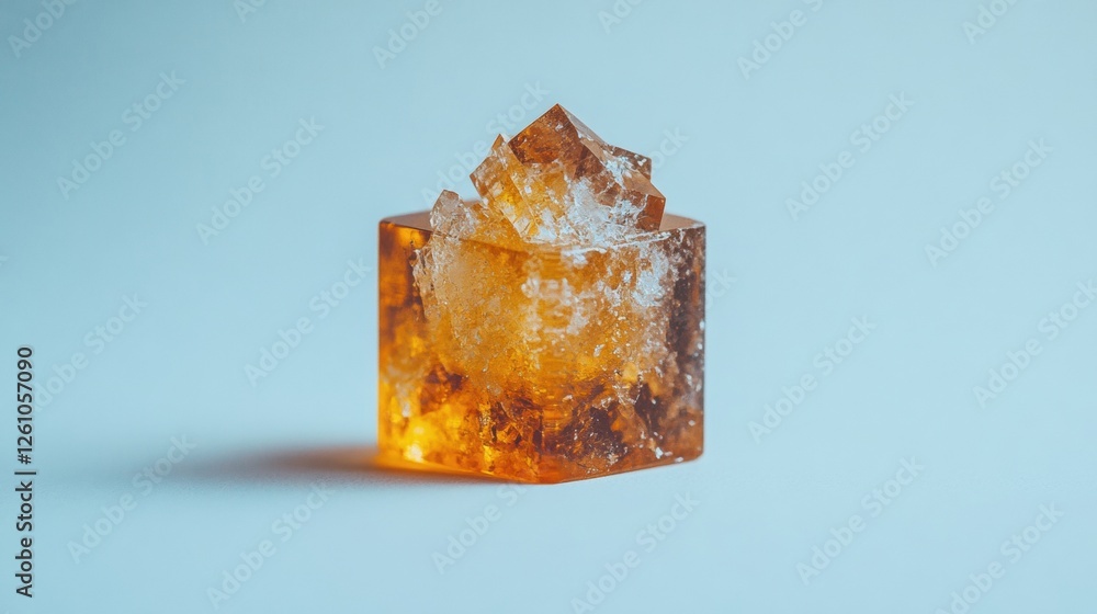 Translucent Amber Crystal with Geometric Shape Reflecting Light on Soft Background Translucent Amber Crystal with Geometric Shape Reflecting Light on Soft Background