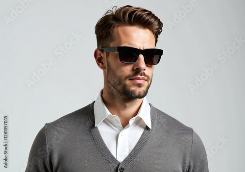 man wears stylish outfit consisting sunglasses sweater white photo