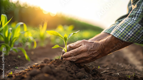 Close-Up of a Hand Planting a Young Green Seedling in Rich Soil During Sunset