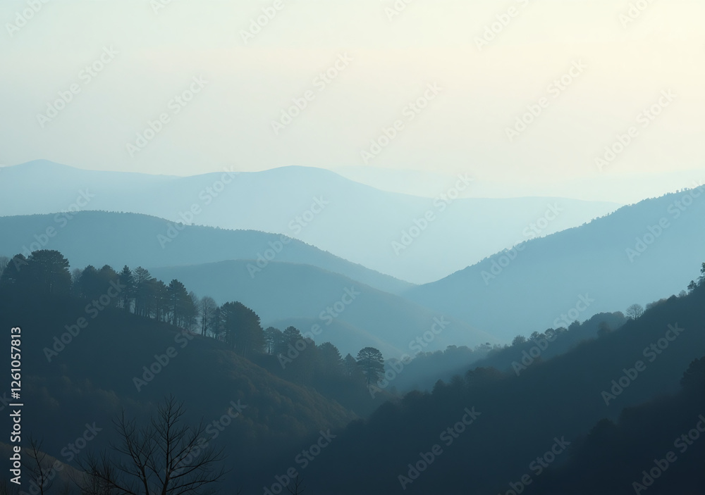 Obraz premium misty landscape fades distant hills blurred tree outlines soft foliage