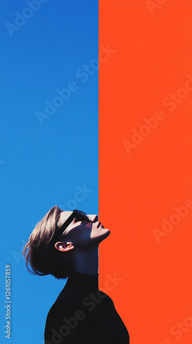 Conceptual Minimalist Composition Featuring Silhouetted Human Profiles Against a Divided Background of Vibrant Blue and Orange