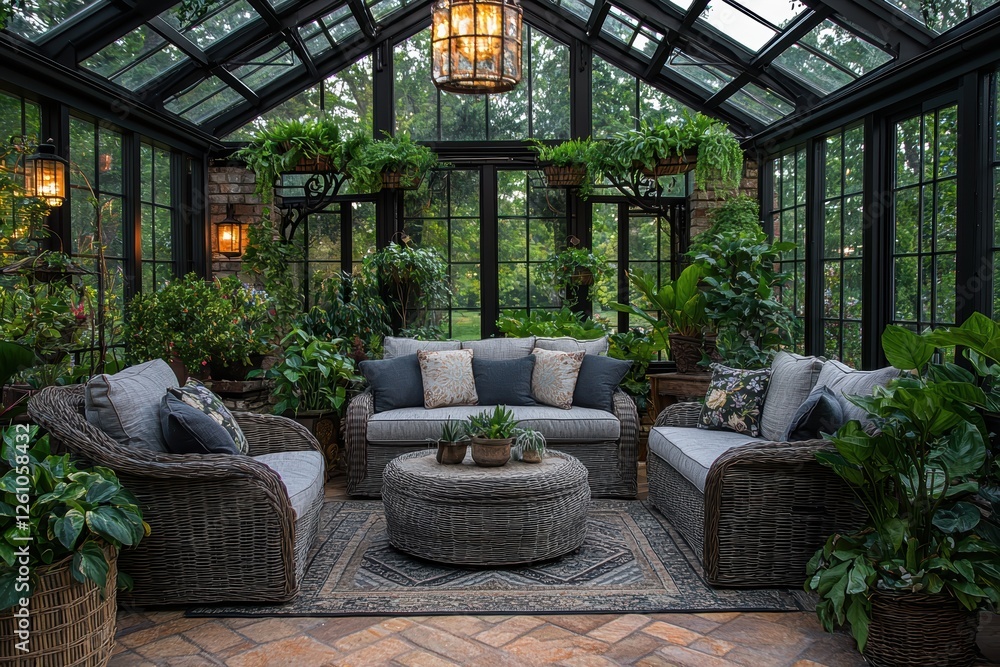 Victorian greenhouse with antique wrought iron garden oasis indoor furniture lush environment cozy viewpoint timeless design