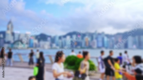 Blurred of people walking on the Hong Kong waterfront, slow motion video