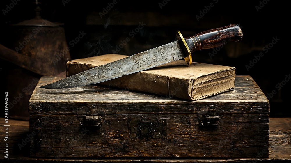 Antique knife on old book, wooden box, dark background; history, mystery Antique knife on old book, wooden box, dark background; history, mystery