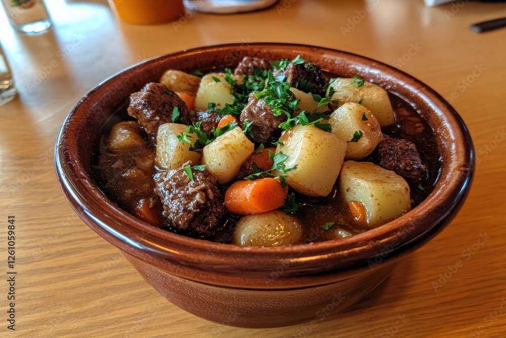 Hearty Irish Stew With Tender Beef, Potatoes, and Carrots Displayed in a Rustic Bowl on a Wooden Table With Parsley Garnish Hearty Irish Stew With Tender Beef, Potatoes, and Carrots Displayed in a Rustic Bowl on a Wooden Table With Parsley Garnish