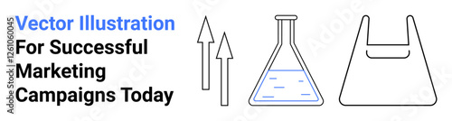 Growth arrows, lab flask, and shopping bag highlight business analysis, marketing strategies, consumer behavior, and data tracking. Ideal for retail, analytics, branding innovation e-commerce