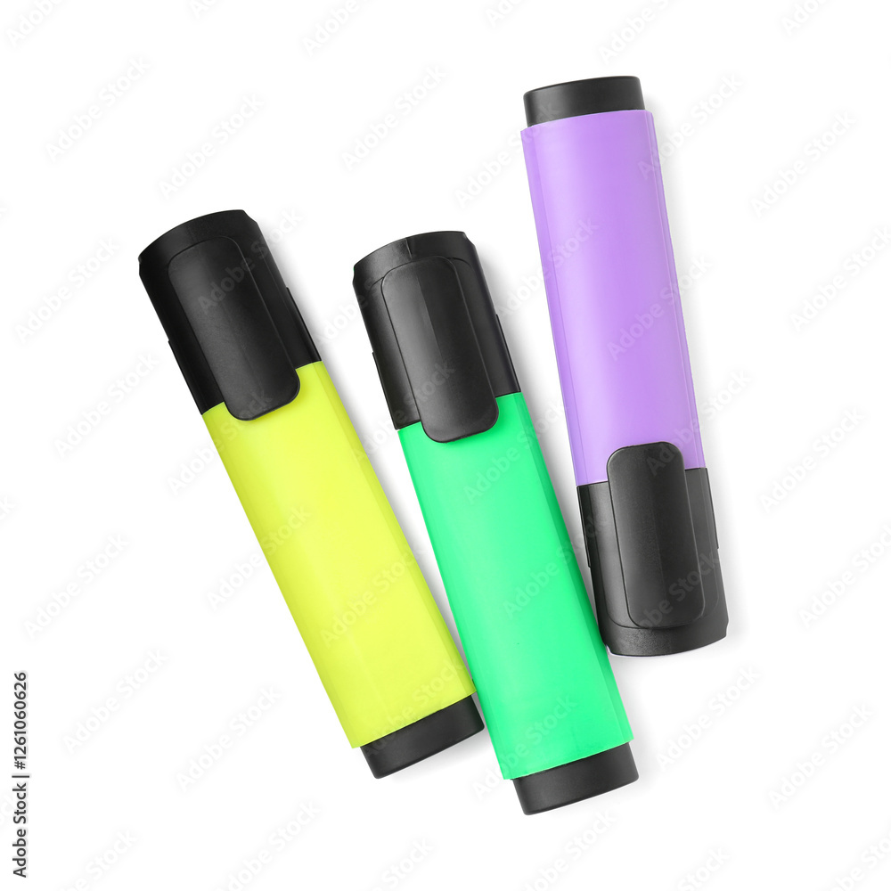 Bright highlighters isolated on white, top view Bright highlighters isolated on white, top view