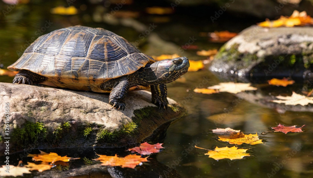 Create a layered image of a turtle sunbathing on a rock, surrounded by colorful autumn foliage. Create a layered image of a turtle sunbathing on a rock, surrounded by colorful autumn foliage.