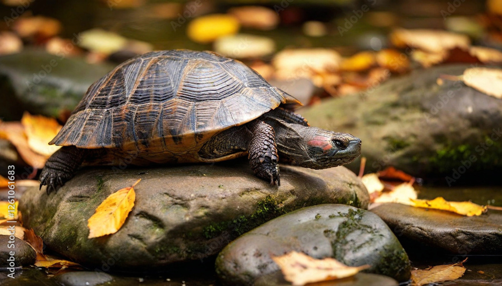 Fototapeta premium Create a layered image of a turtle sunbathing on a rock, surrounded by colorful autumn foliage.