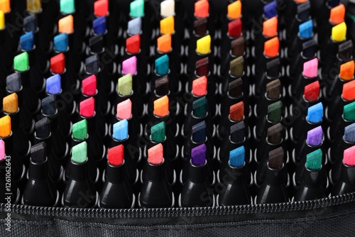 Schilderij op canvas Many colorful markers in bag, closeup. Art supplies