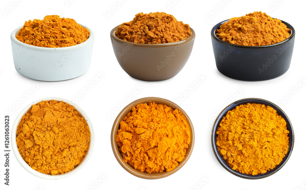 Turmeric powder in bowls isolated on white, set. Top and side view Turmeric powder in bowls isolated on white, set. Top and side view