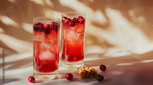 Refreshing cranberry beverage with ice and fruit, perfect for a warm day, with a snack on the side.