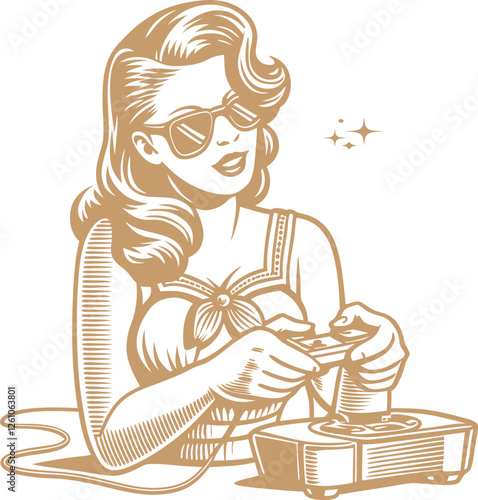Pin-up girl playing video game with console Pin Up, Girl, sunglasses, Video, Game golden color