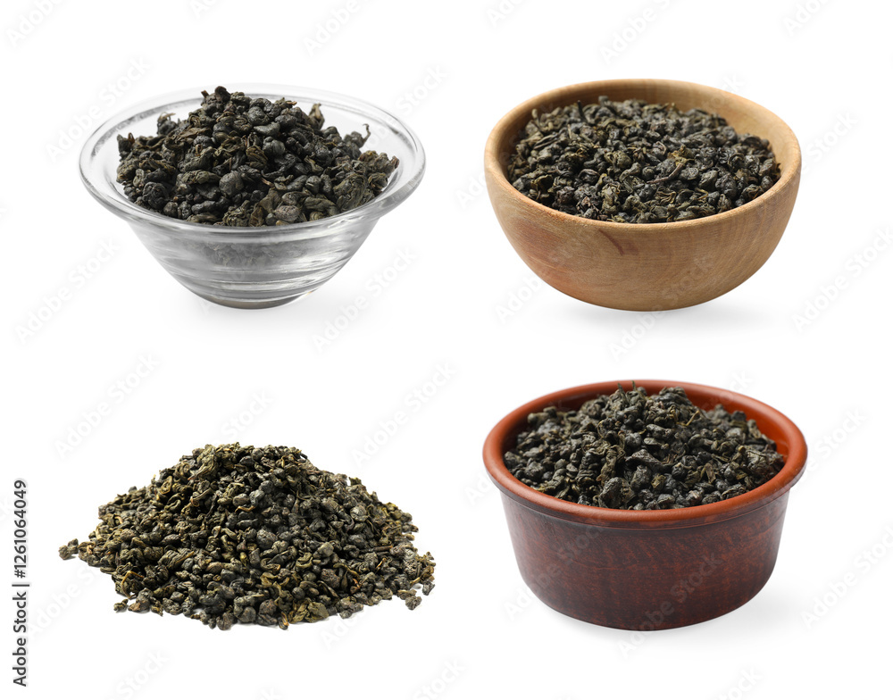 Dried tea leaves on white background, set Dried tea leaves on white background, set