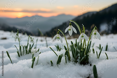 snow in the mountains, Snowdrops Emerging Through Snow Against Mountain Landscape