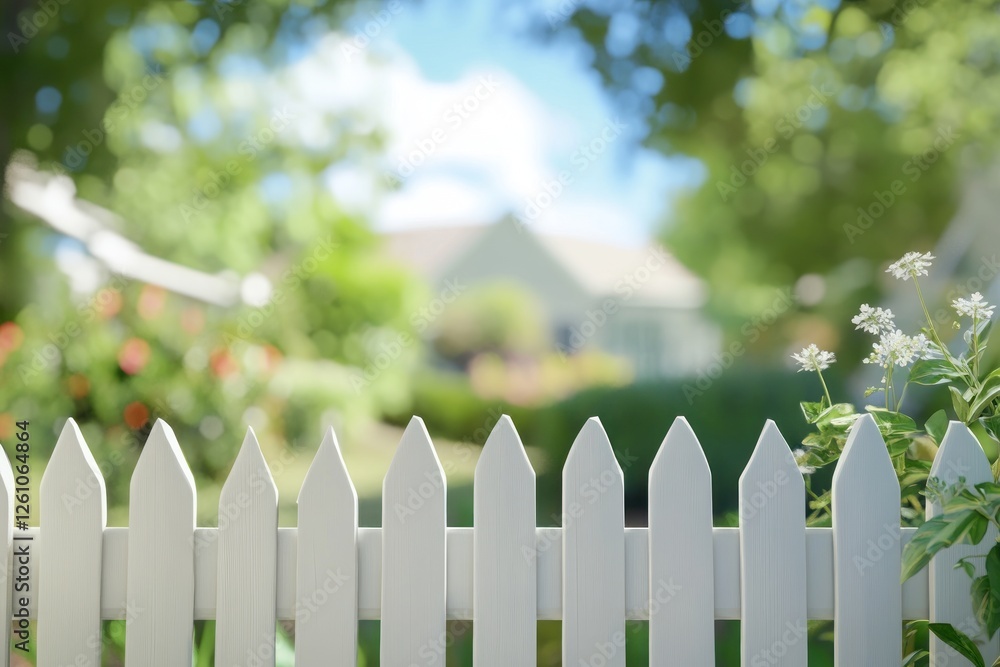 White Picket Fence, idyllic summer day, green garden, peaceful home, tranquil scene, sunny backyard White Picket Fence, idyllic summer day, green garden, peaceful home, tranquil scene, sunny backyard